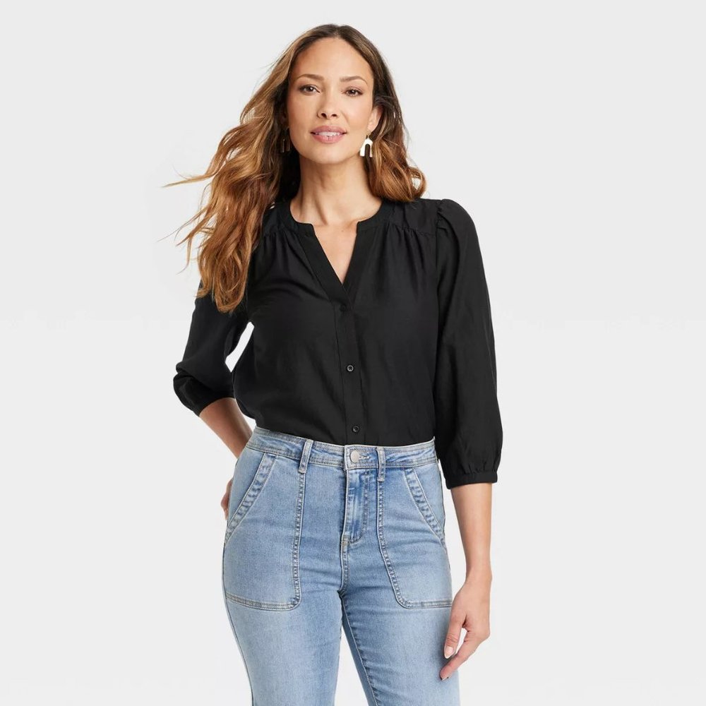 KNOX ROSE  3/4 PUFF SLEEVE BUTTON DOWN SHIRT - Black - NEW NWT - XL Bohemian